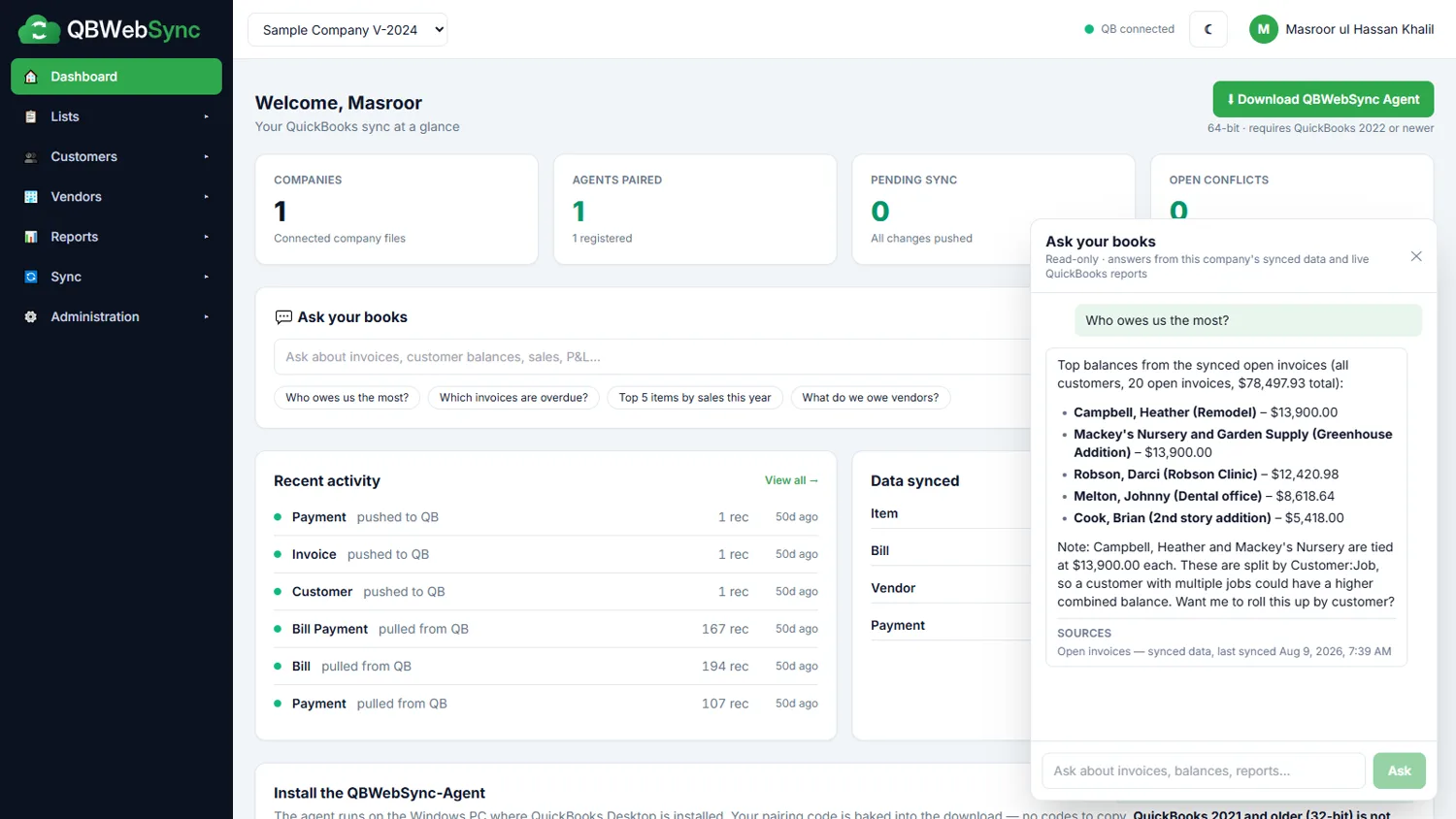 Ask your books panel in QBWebSync answering who owes the most, with sources and last-sync time