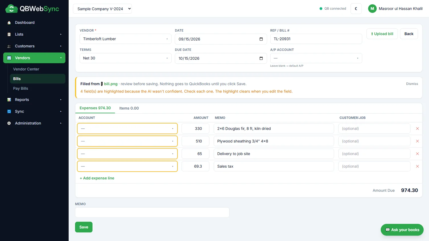 Enter Bills in QBWebSync pre-filled from an uploaded vendor bill, with uncertain fields highlighted for review