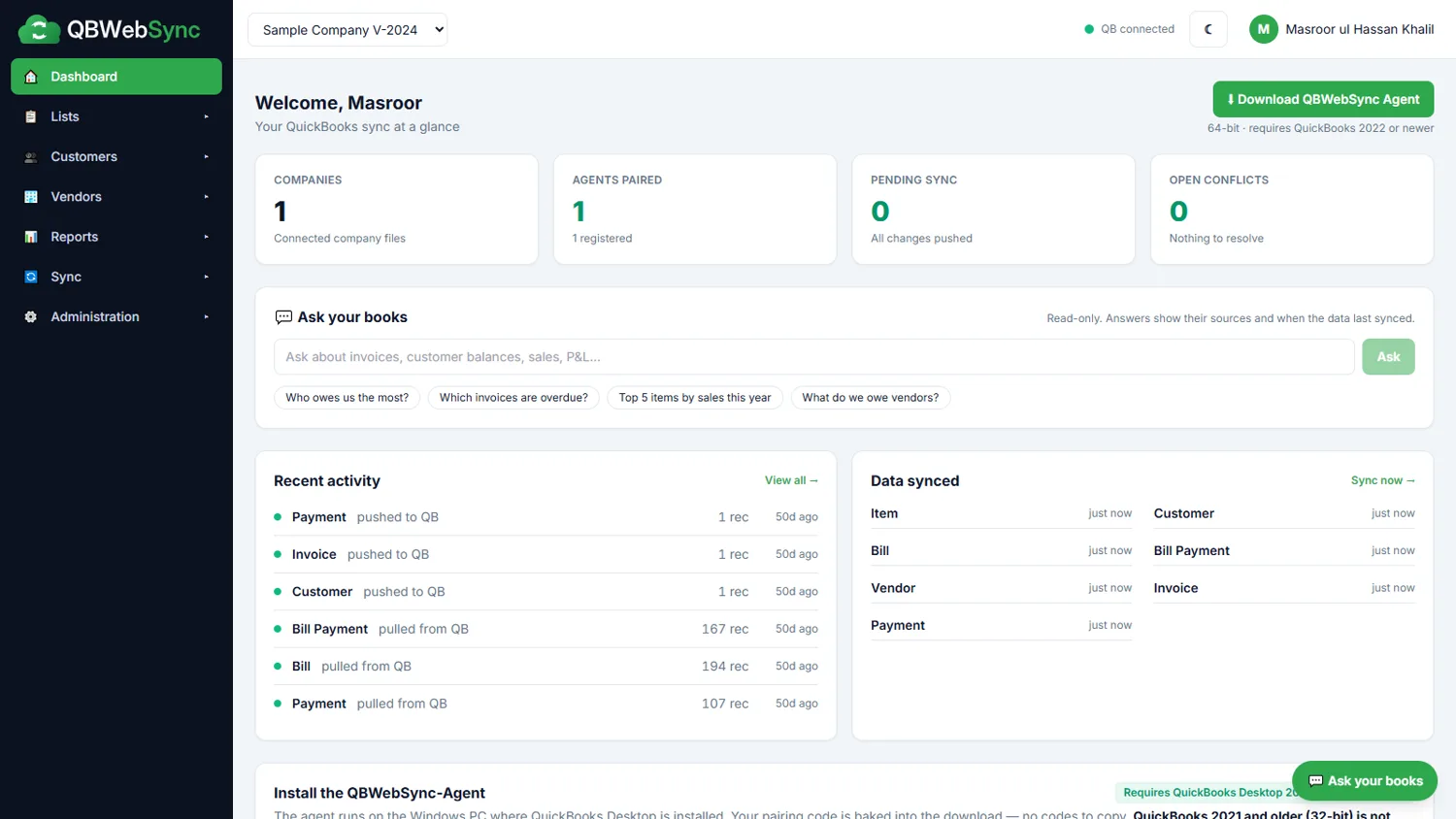 QBWebSync dashboard showing sync status cards and recent activity for a QuickBooks company file